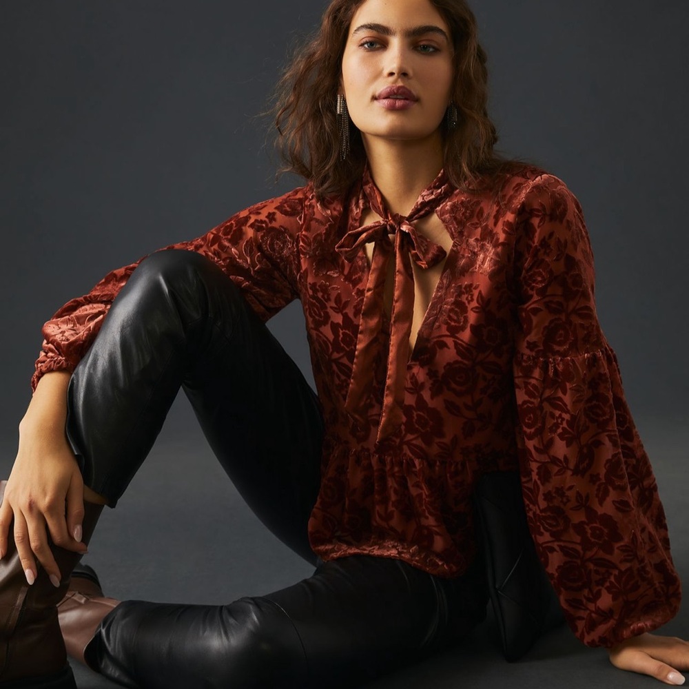 Anthropologie Velvet Tie-Neck Blouse
